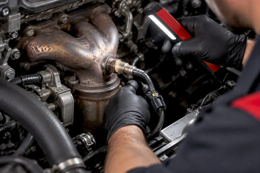 Technician inspecting upstream oxygen sensor