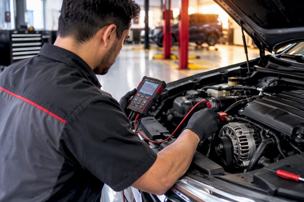 Technician testing an automotive charging system