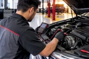 Technician testing an automotive charging system