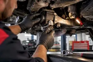 Technician inspecting an engine mount underneath vehicle