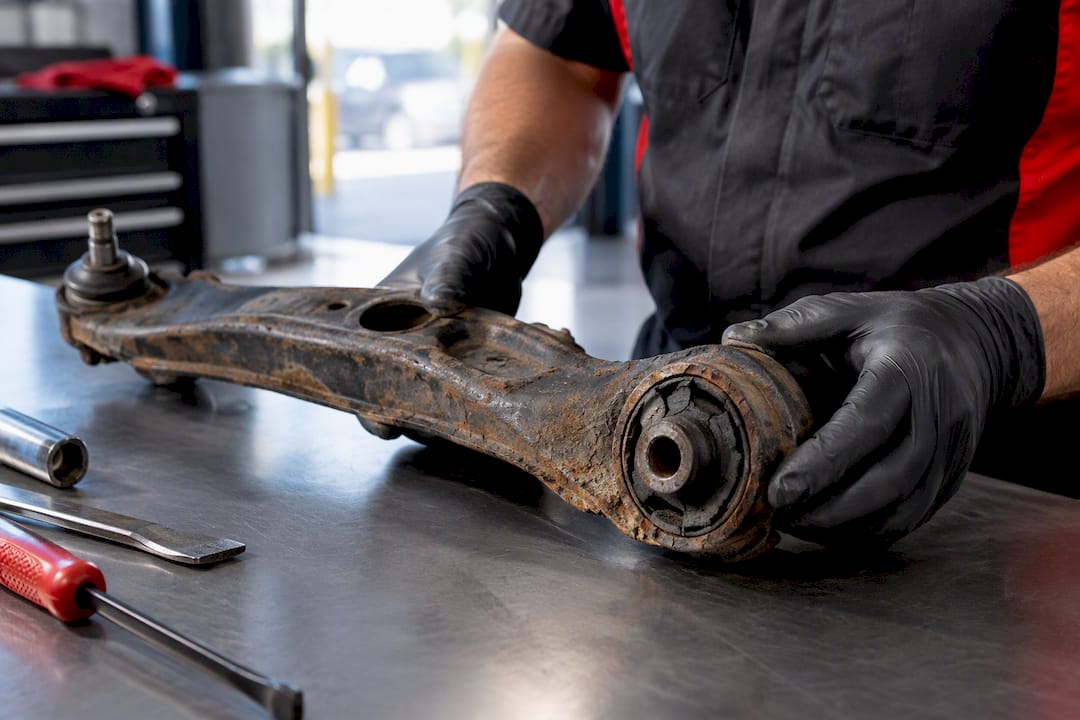 Corroded control arm and worn suspension bushing