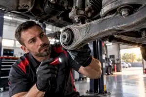 Technician inspecting a worn control arm bushing