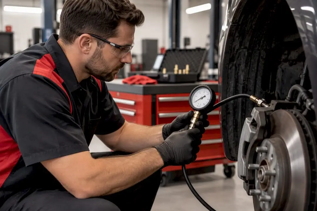Technician testing brake hydraulic pressure