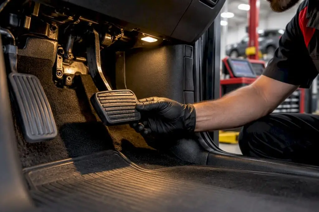 Technician inspecting a soft brake pedal