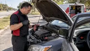 Technician checking oil dipstick beside parked car