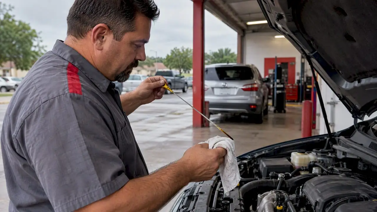 Technician checking low engine oil level