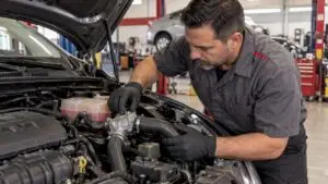 Technician inspecting an engine thermostat