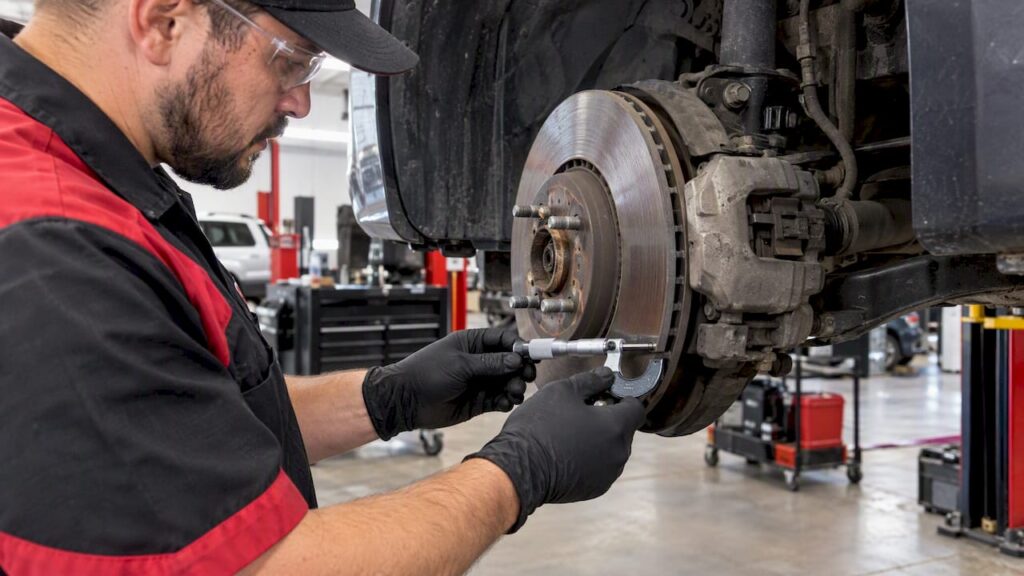 Technician measuring brake rotor thickness