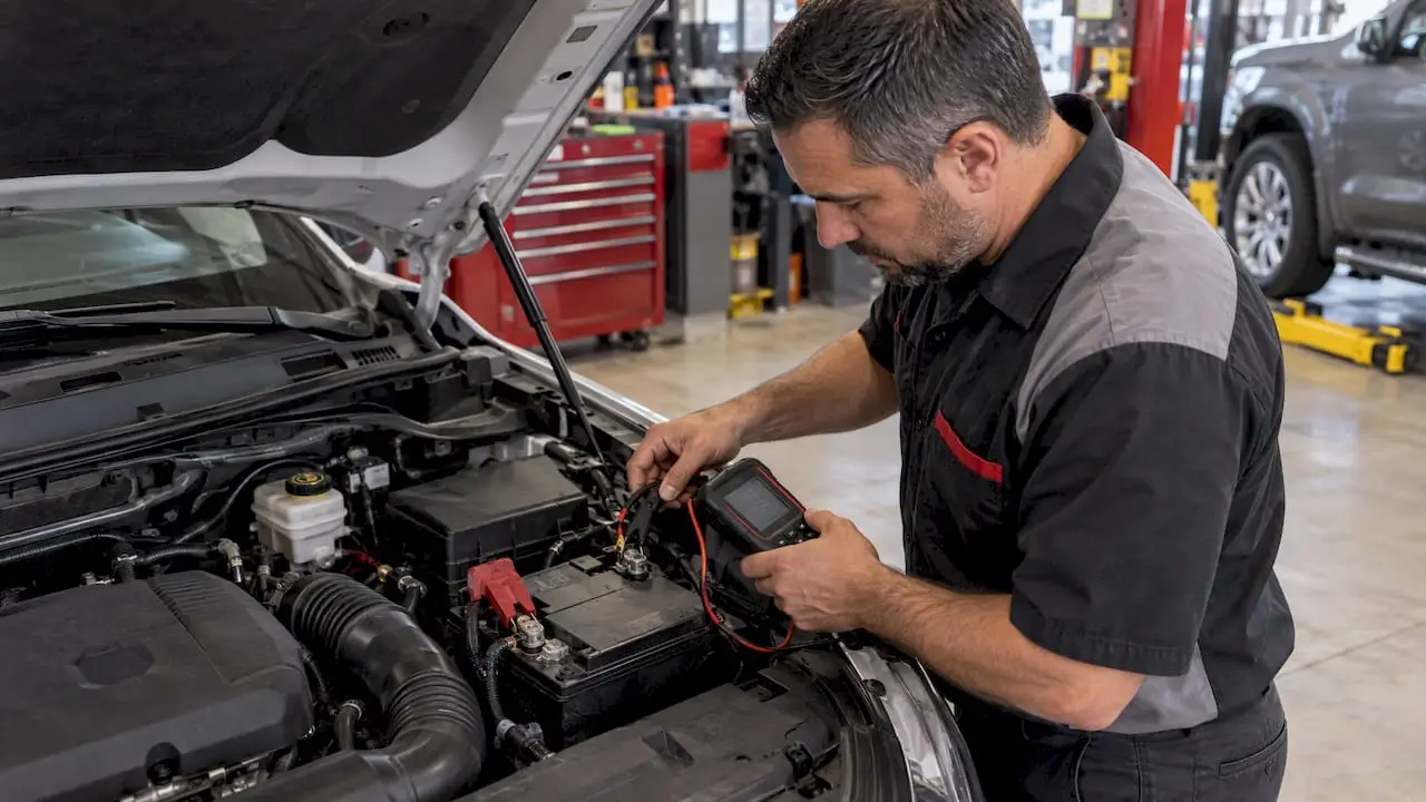 Technician connecting a tester to a car battery