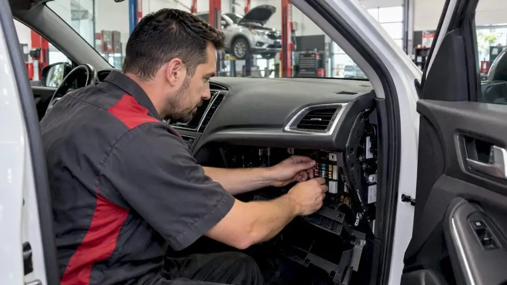 Technician inspecting a vehicle fuse panel