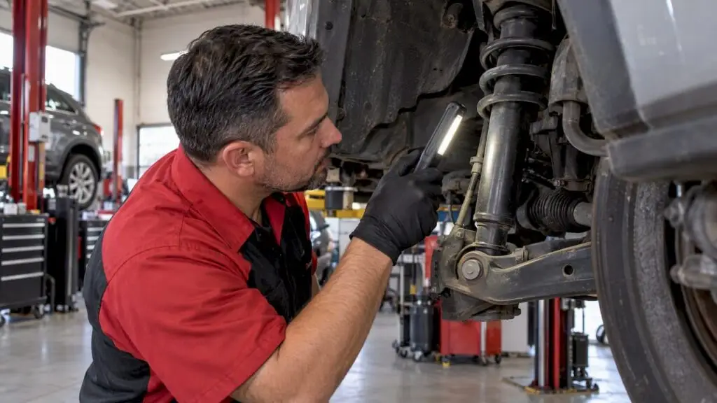 Technician inspecting a vehicle shock absorber