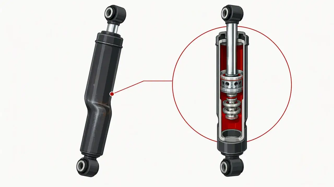 Shock absorber exterior and internal valve cutaway