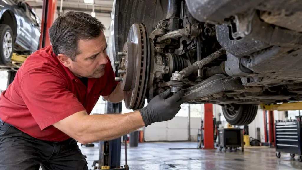 Technician inspecting suspension steering joints