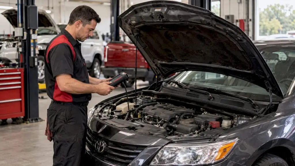 Technician performing a vehicle diagnostic inspection
