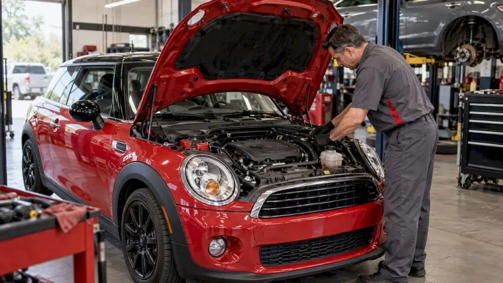 Technician inspecting an overheated Mini Cooper