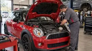 Technician inspecting an overheated Mini Cooper