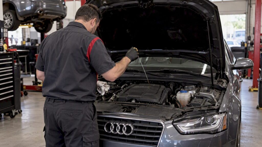 Technician checks oil level in Audi engine