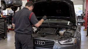 Technician checks oil level in Audi engine