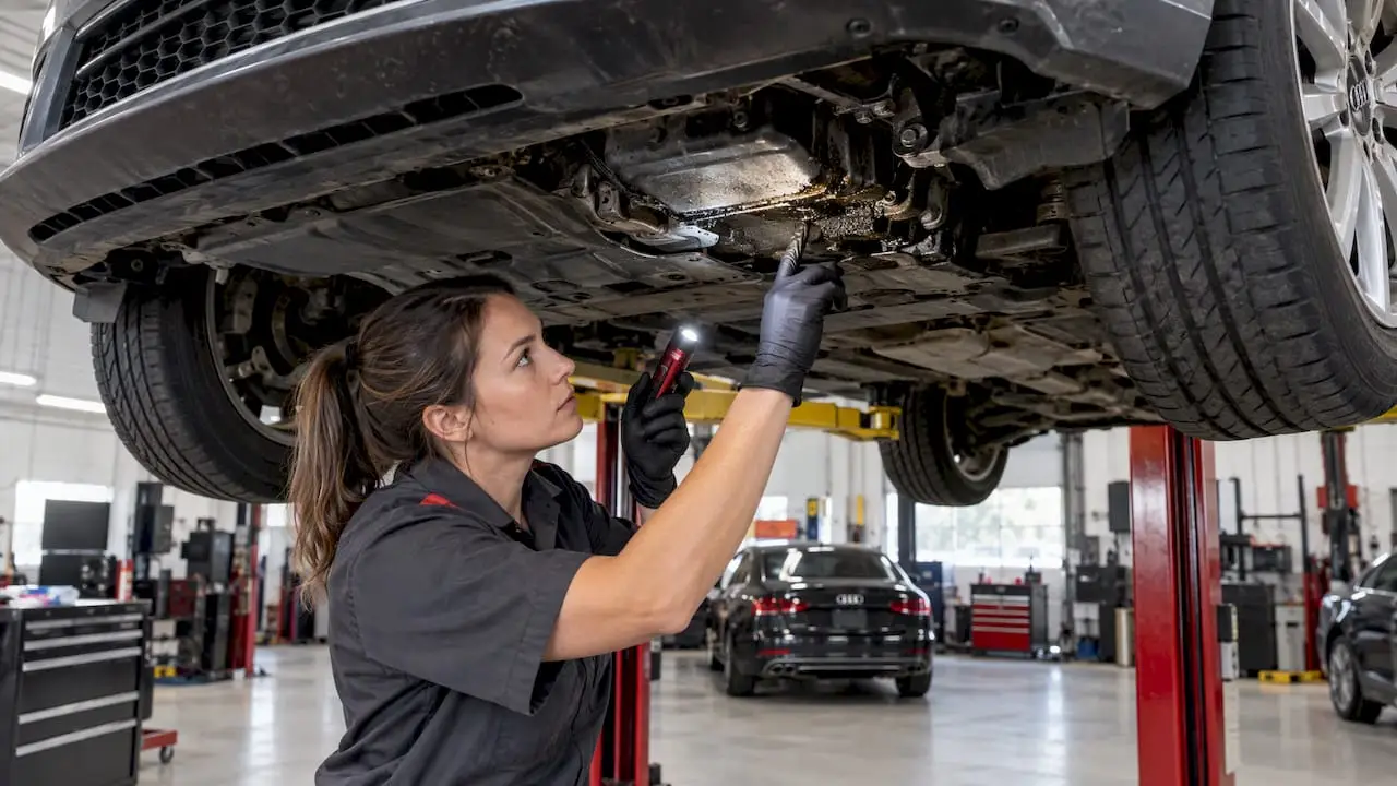 Technician traces oil seep beneath Audi