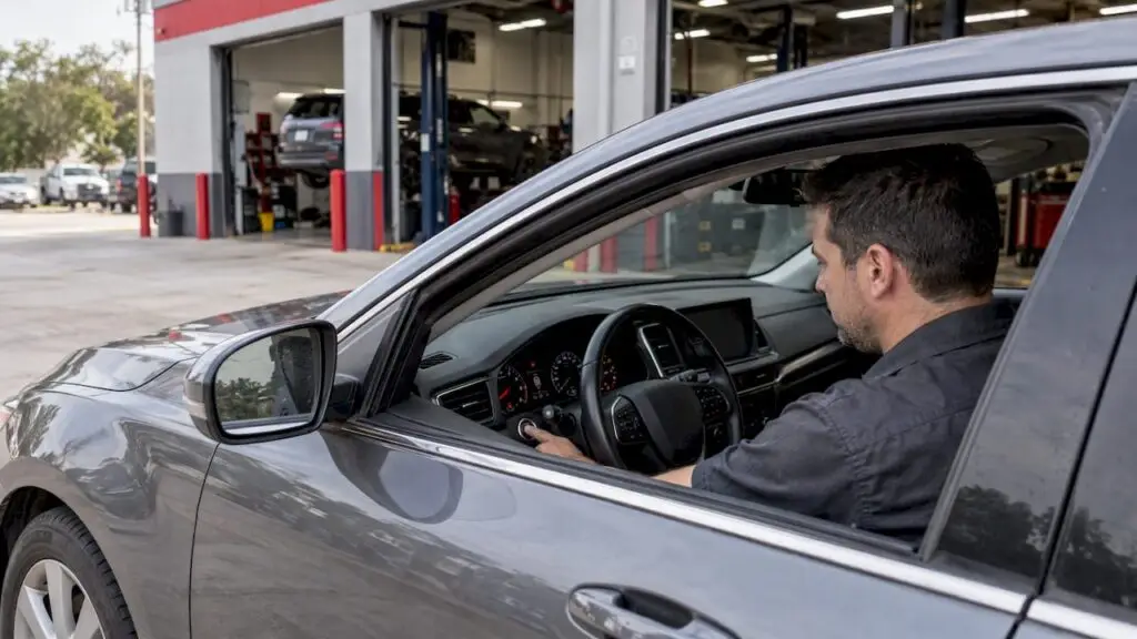 Driver trying to start a car at a repair shop