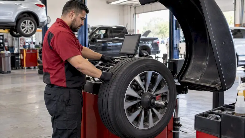 Technician balancing a mounted wheel in a repair shop