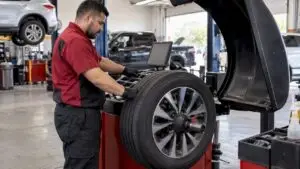 Technician balancing a mounted wheel in a repair shop